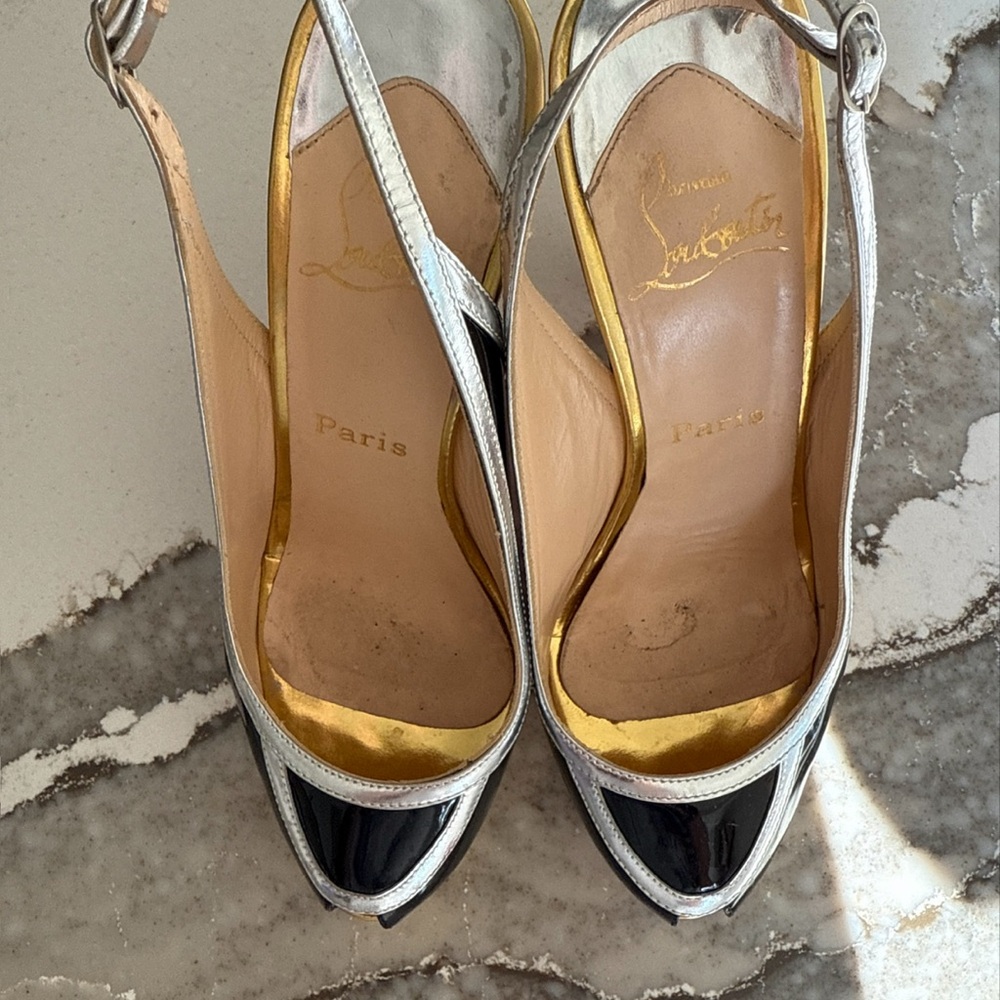 Christian Louboutin Black and Gold Peep-Toe Heels - Picture 3 of 5